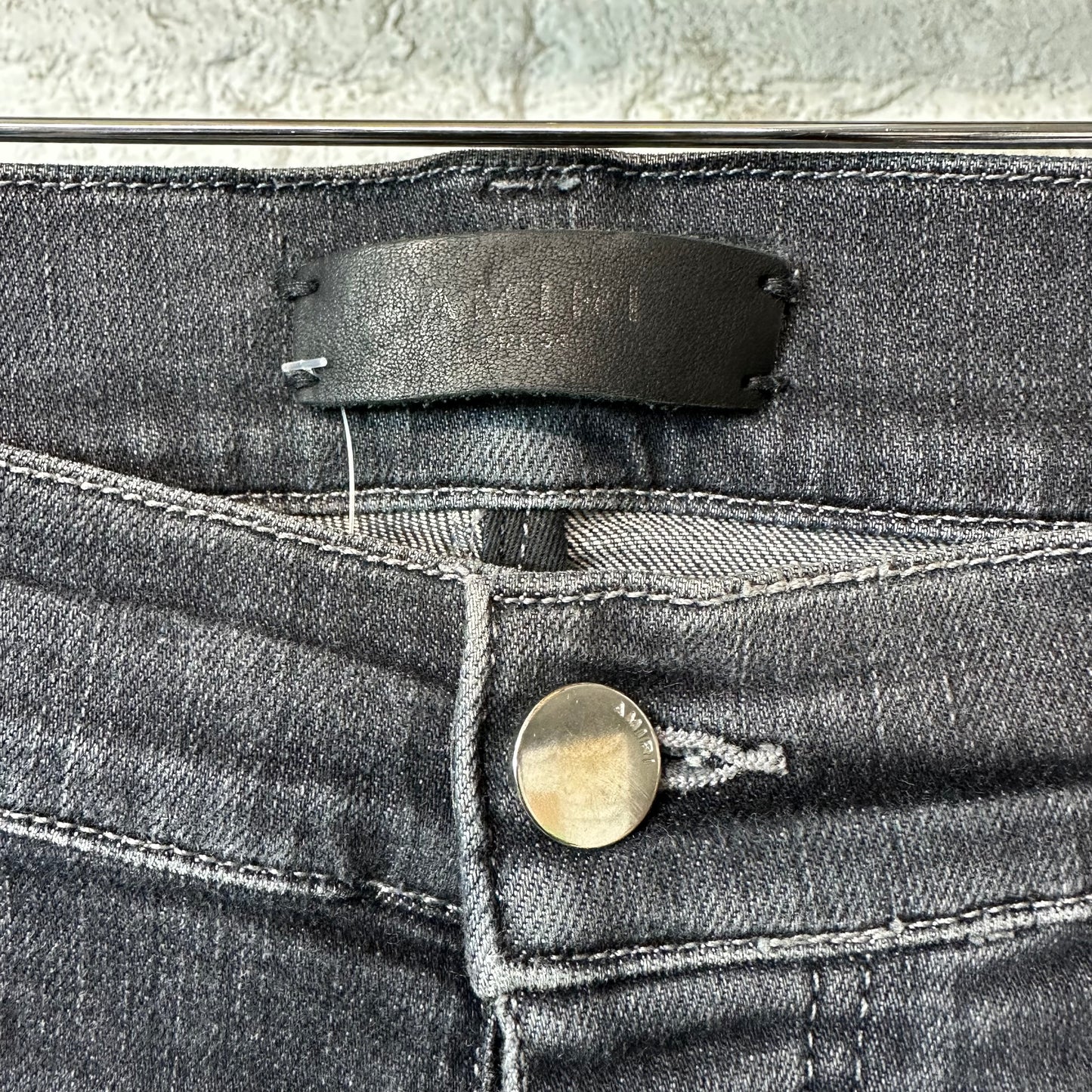 Amiri MX1 Black Leather Gray Denim Jeans Sz 34
