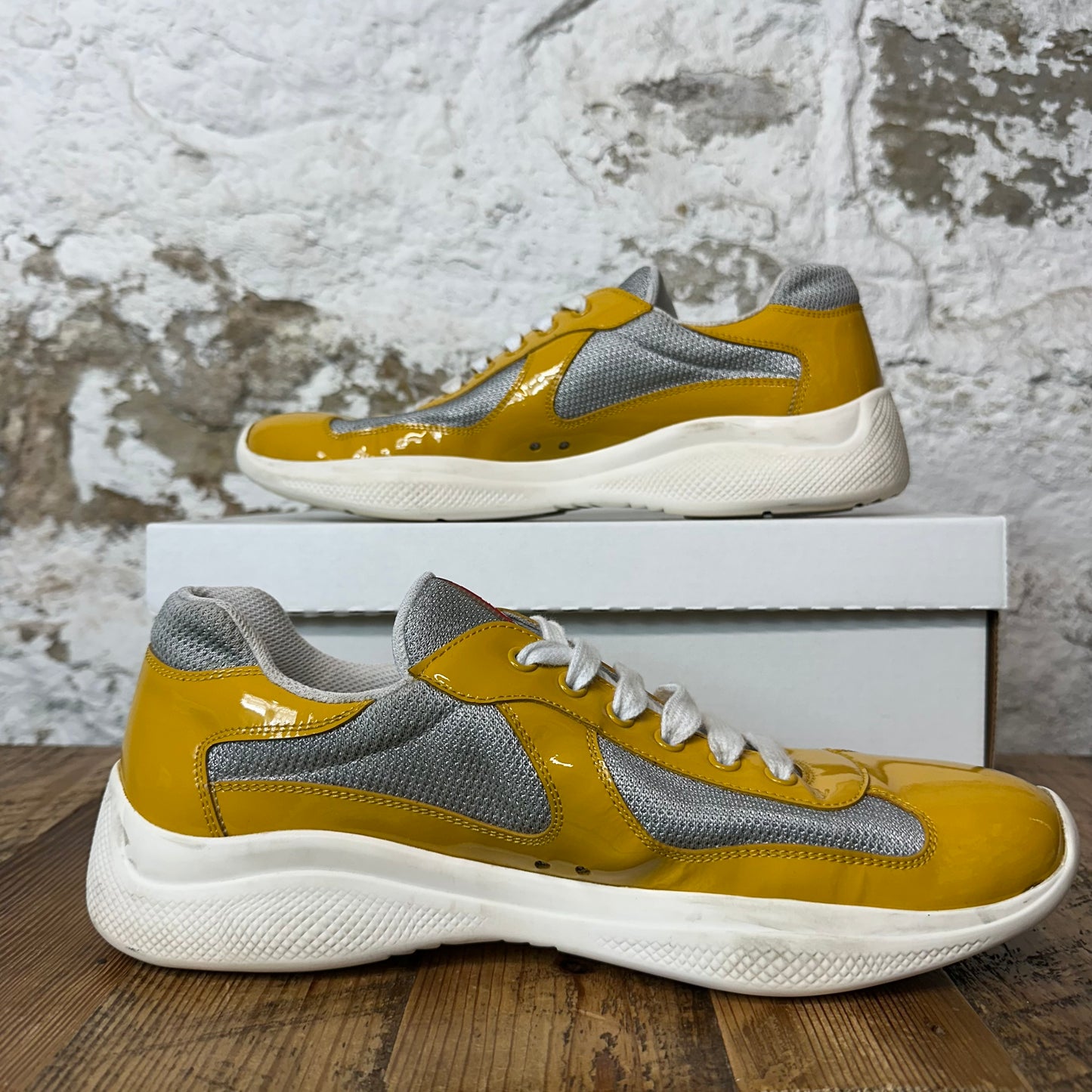 Prada Americas Cup Yellow Patent Gray White Sneaker Sz 9.5 No Box