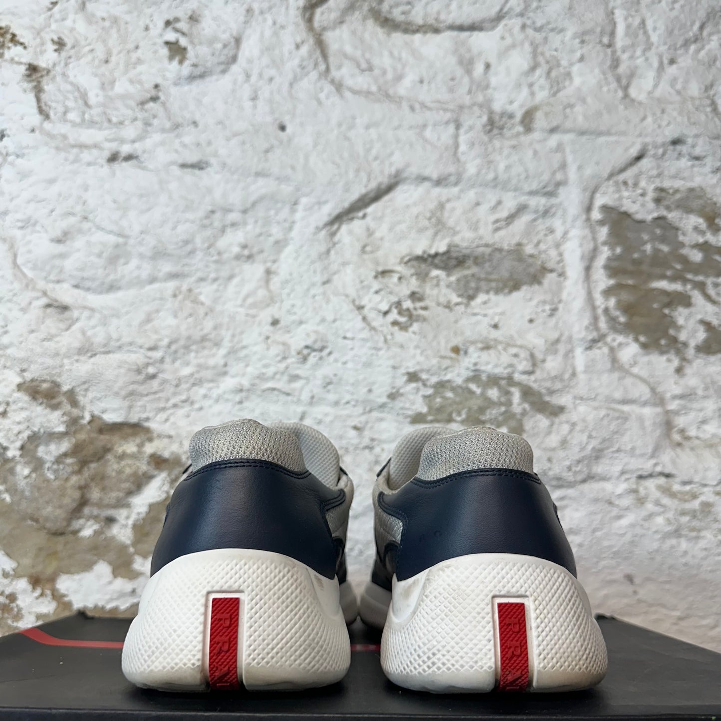 Prada Americas Cup Navy Leather Grey White Sneaker Sz 8
