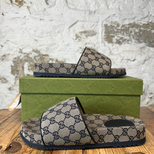 Gucci GG Monogram Beige Blue Canvas Slide Sz 9