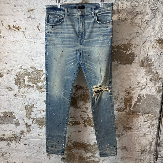 Amiri Knee Hole Paint Splatter Blue Denim Jeans Sz 38