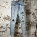 Amiri MX1 Camo Patch Light Blue Denim Jeans Sz 32