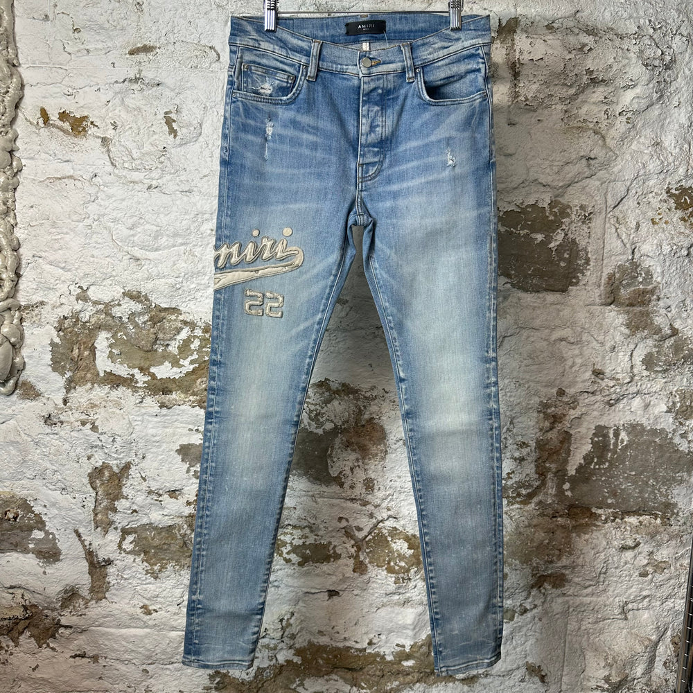 Amiri Varsity 22 Patch Blue Denim Jeans Sz 31
