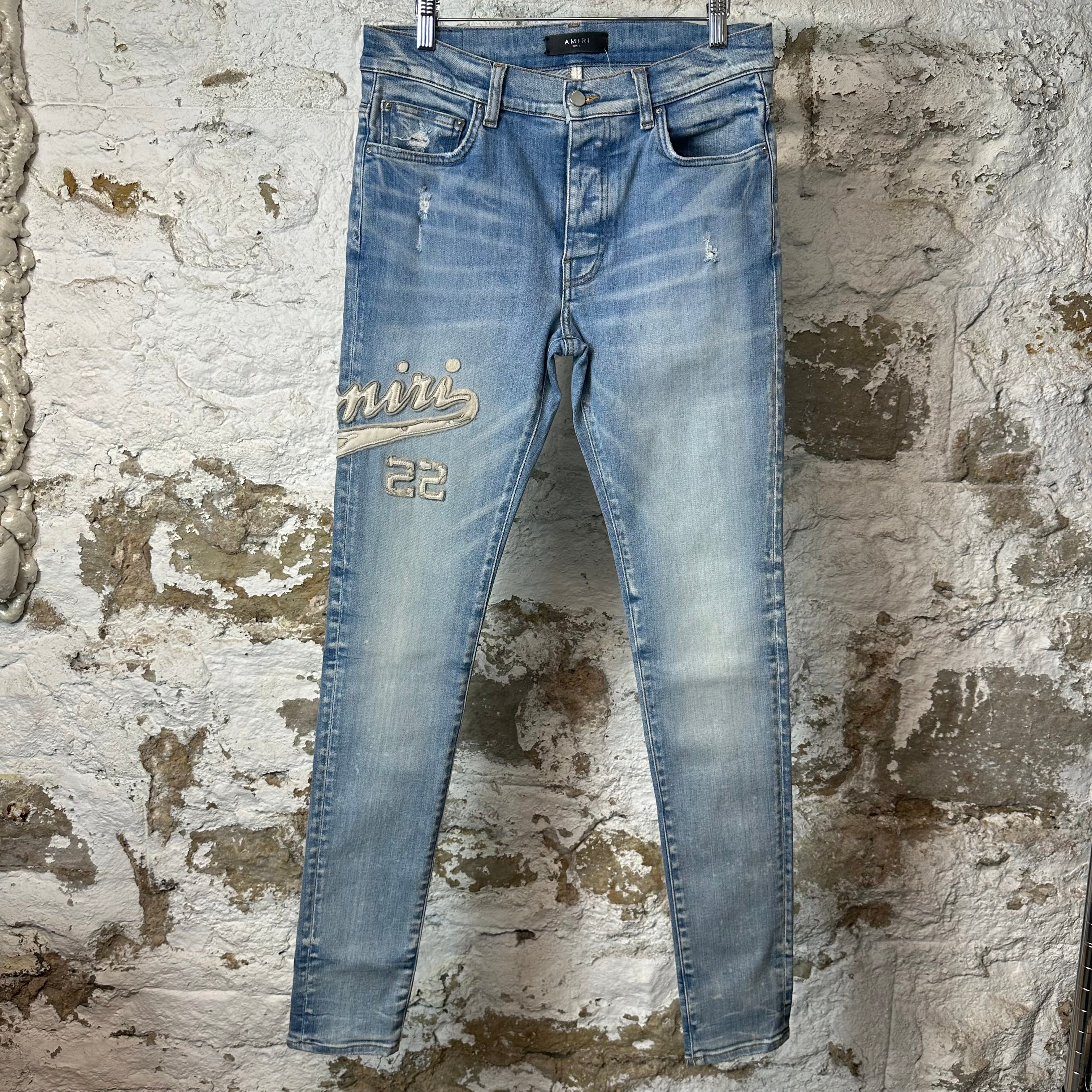 Amiri Varsity 22 Patch Blue Denim Jeans Sz 31