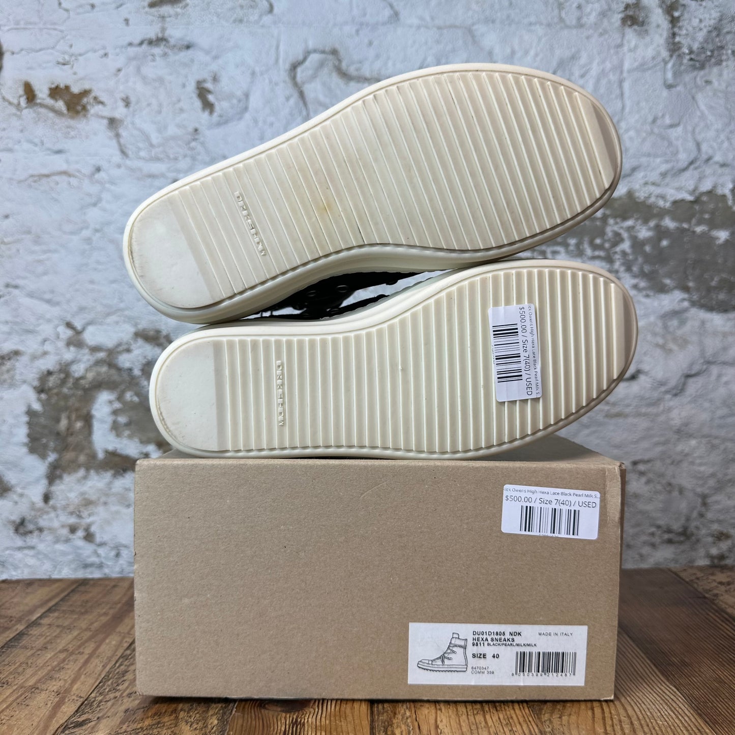 Rick Owens High Hexa Lace Black Pearl Milk Sneaker Sz 7 (40)