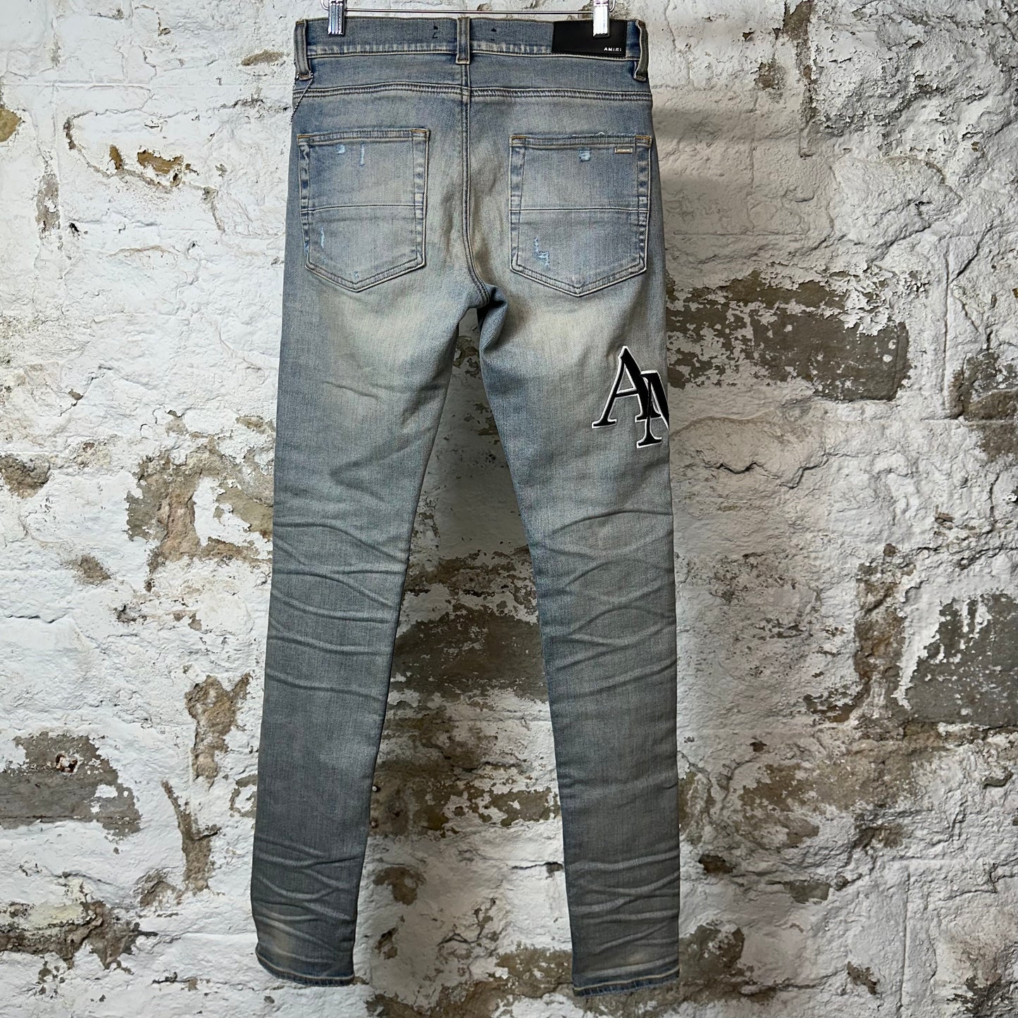 Amiri Embroidered Stagger Spell Blue Denim Jeans Sz 28