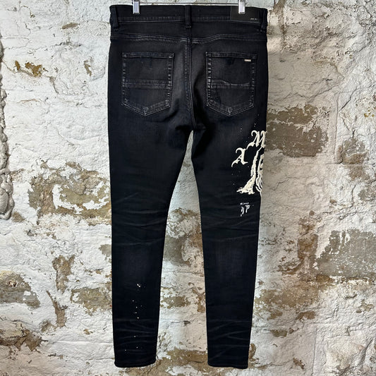 Amiri Cream Embroidered Reaper Logo Black Denim Jeans Sz 32