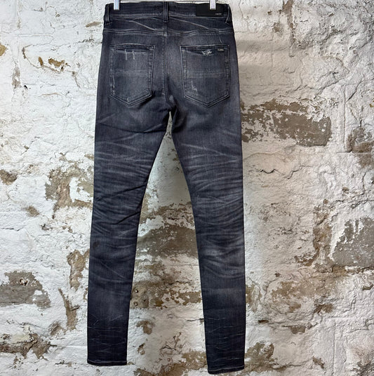Amiri MX1 Black Leather Grey Denim Jeans Sz 28