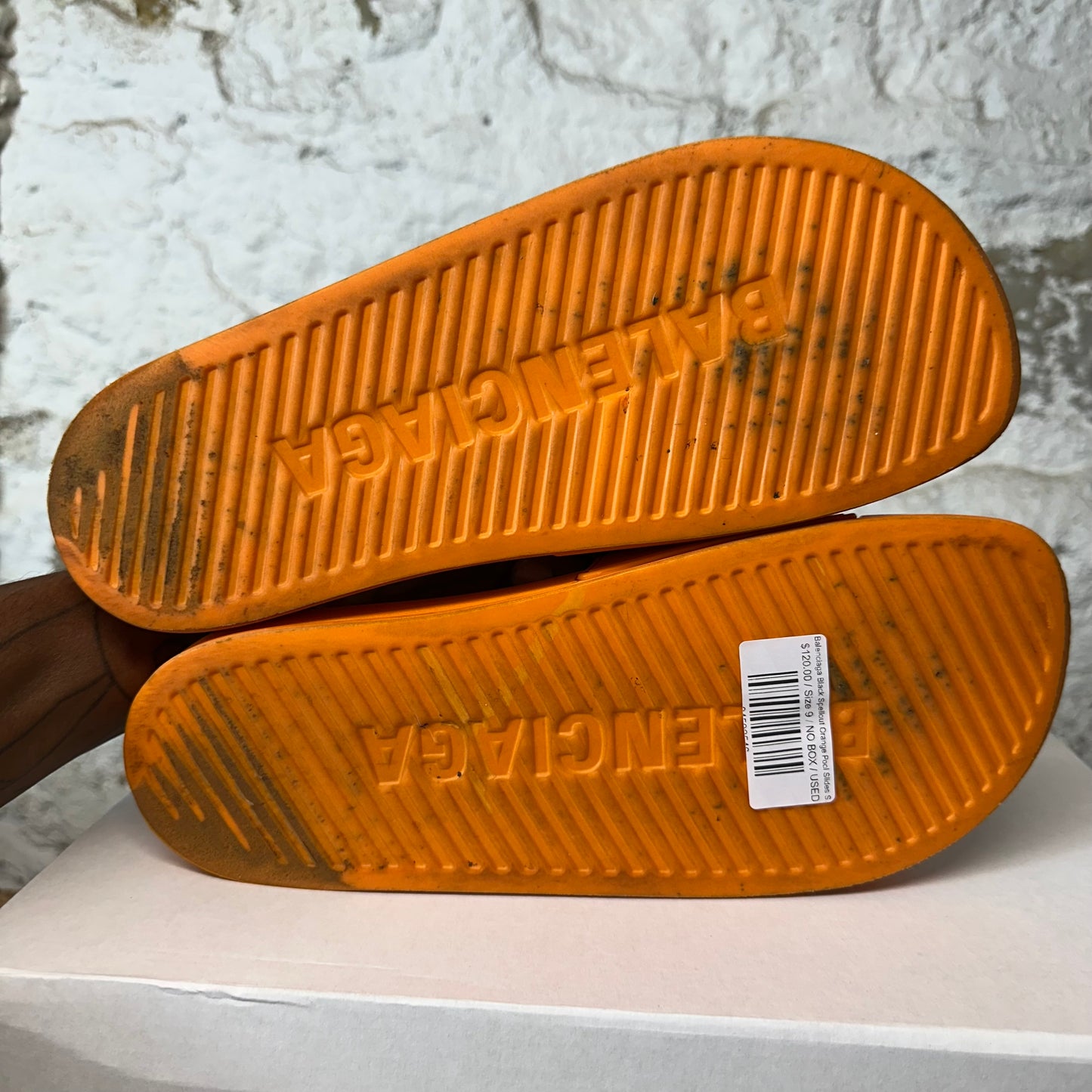 Balenciaga Black Spellout Orange Pool Slides Sz 9