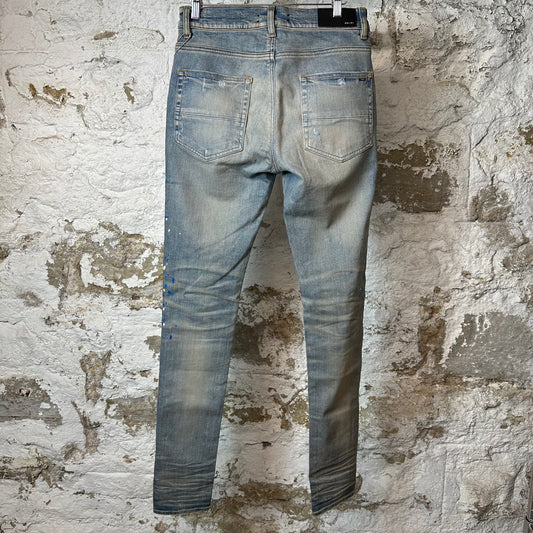 Amiri Knee Rip Crystal Paint Splatter Blue Denim Jeans Sz 30