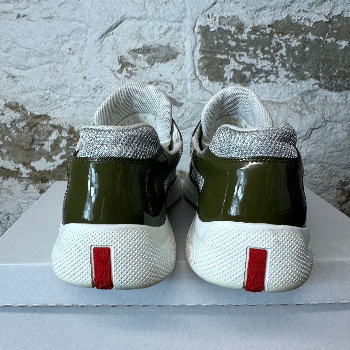 Prada Americas Cup Olive Patent Grey White Sneaker Sz 9