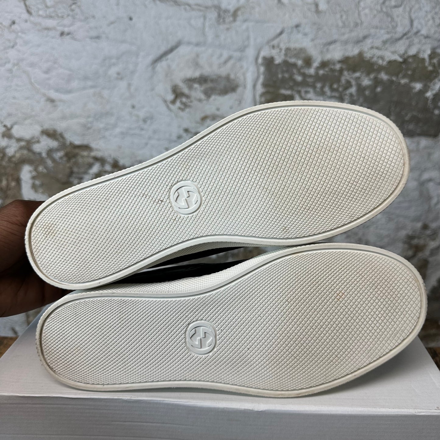 Gucci Black GG Embossed Monogram Slip On White Sneaker Sz 7.5