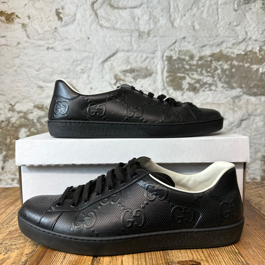 Gucci GG Embossed Black Leather Ace Sneaker Sz 10