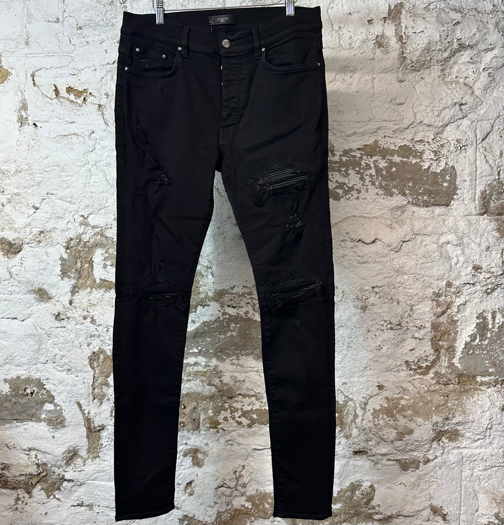Amiri MX1 Black Leather Black Denim Jeans Sz 34