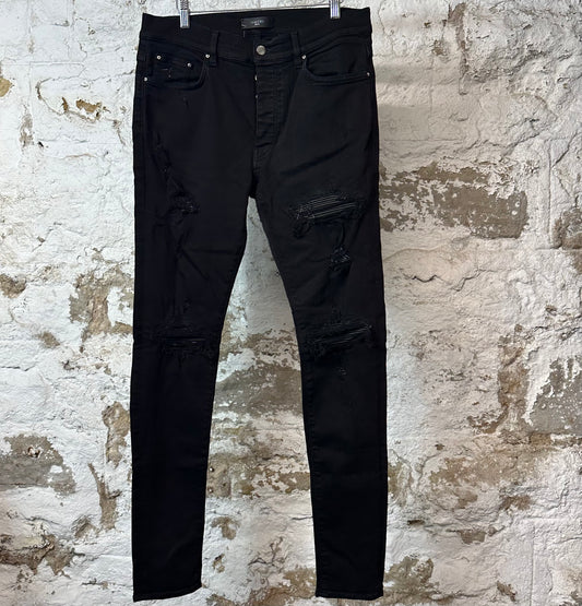 Amiri MX1 Black Leather Black Denim Jeans Sz 34