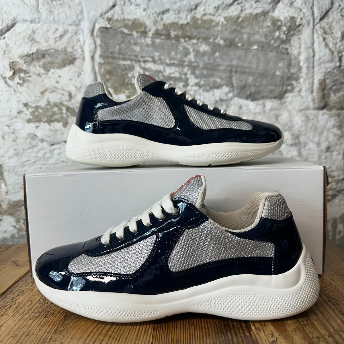 Prada Americas Cup Navy Patent Grey White Sneaker Sz 5