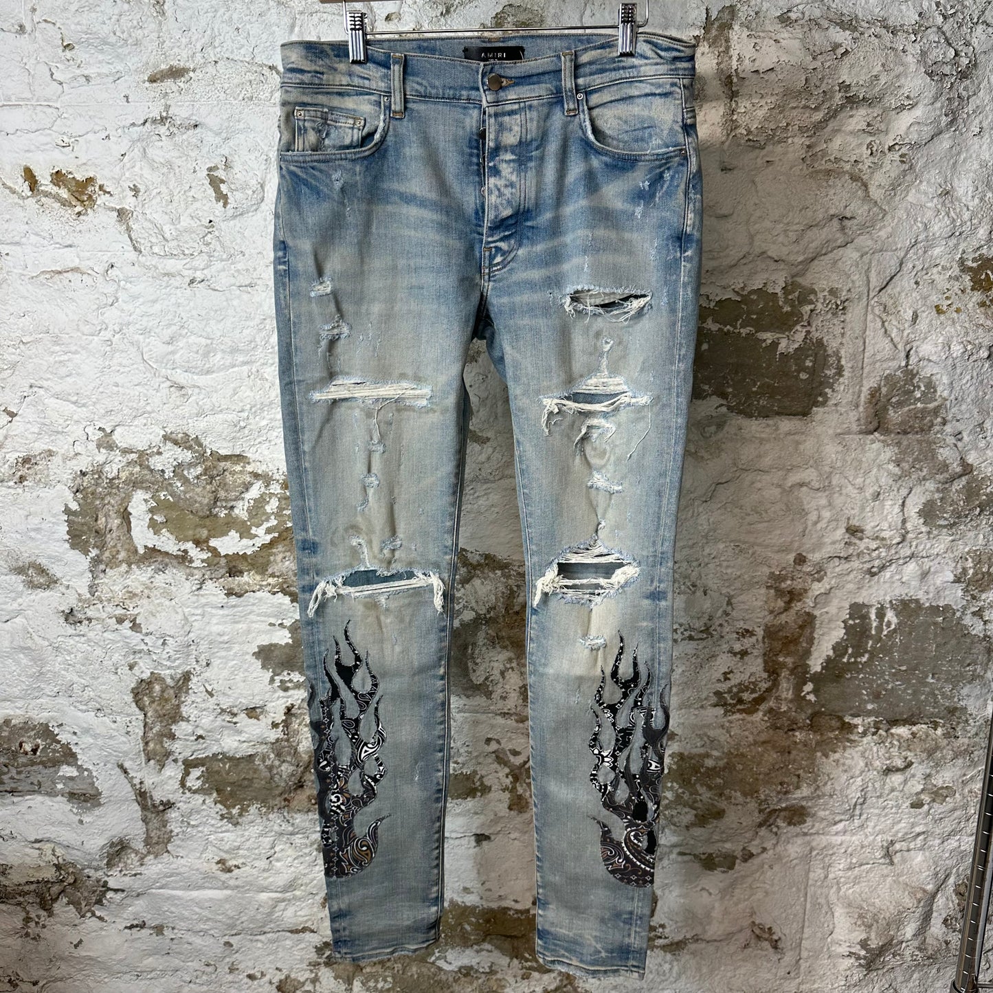 Amiri Black Brown Paisley Flame Blue Denim Jeans Sz 32