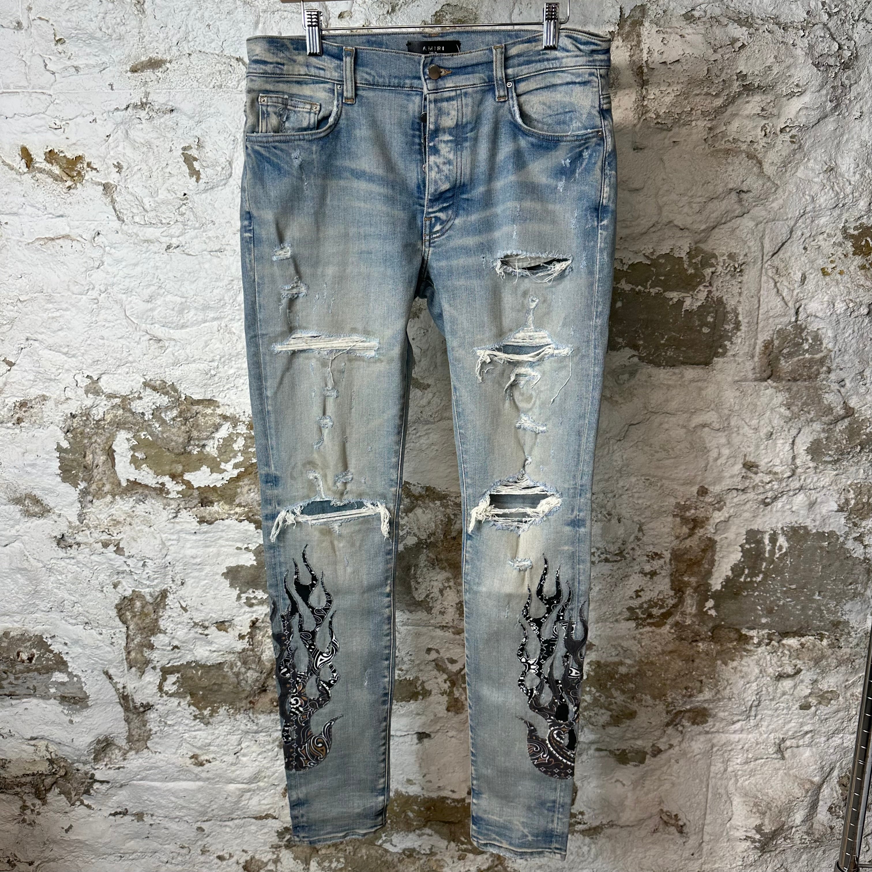 Amiri Black Brown Paisley Flame Blue Denim Jeans Sz 32
