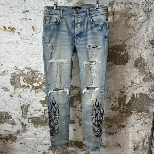 Amiri Black Brown Paisley Flame Blue Denim Jeans Sz 32