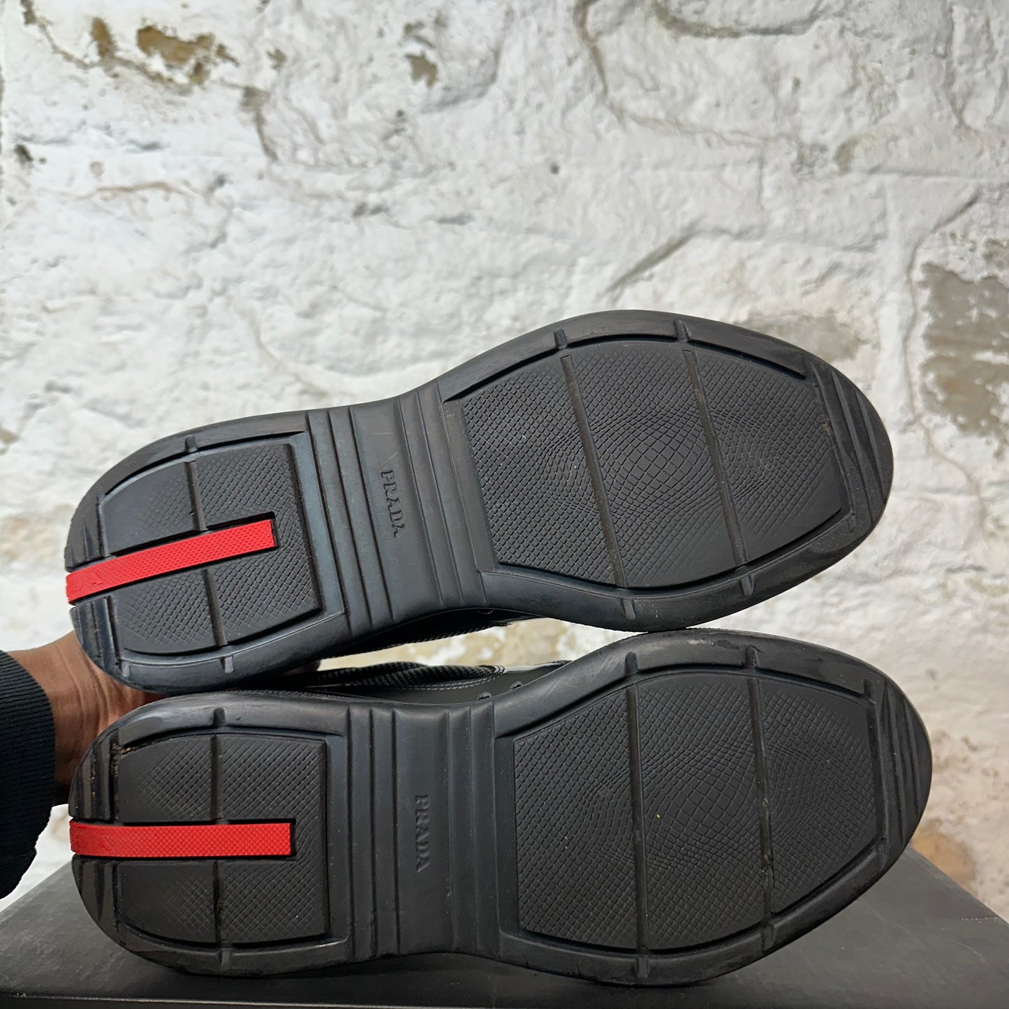 Prada Americas Cup Olive Green Red Patent Sneaker Sz 7.5