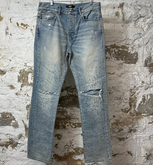 Amiri Knee Rip Shotgun Baggy Lightwash Blue Denim Jeans Sz 32