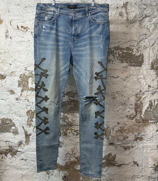 Amiri Green Camo Bones Blue Denim Jeans Sz 40