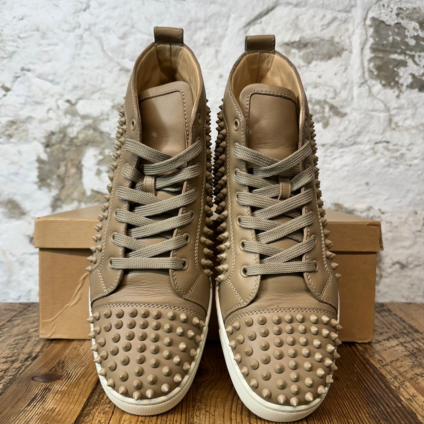 Christian Louboutin High Beige Leather Spike Sneaker Sz 11 (44)