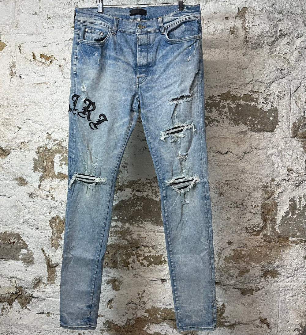 Amiri Old English Spell Blue Denim Jeans Sz 34