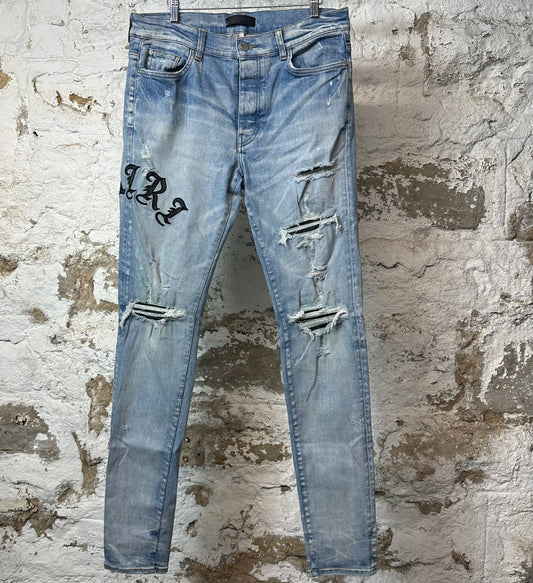 Amiri Old English Spell Blue Denim Jeans Sz 34