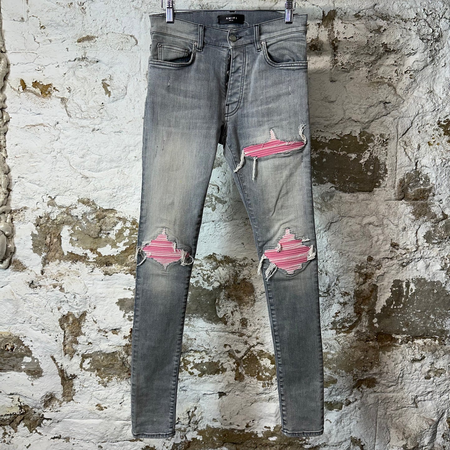 Amiri MX1 Pink Suede Grey Denim Jeans Sz 28