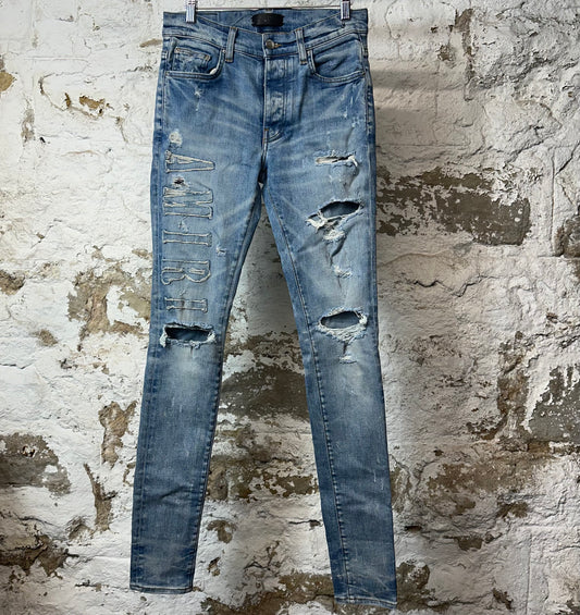Amiri Distressed Side Spell Blue Denim Jeans Sz 29