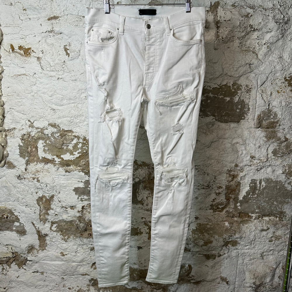 Amiri MX1 White Leather White Denim Jeans Sz 34