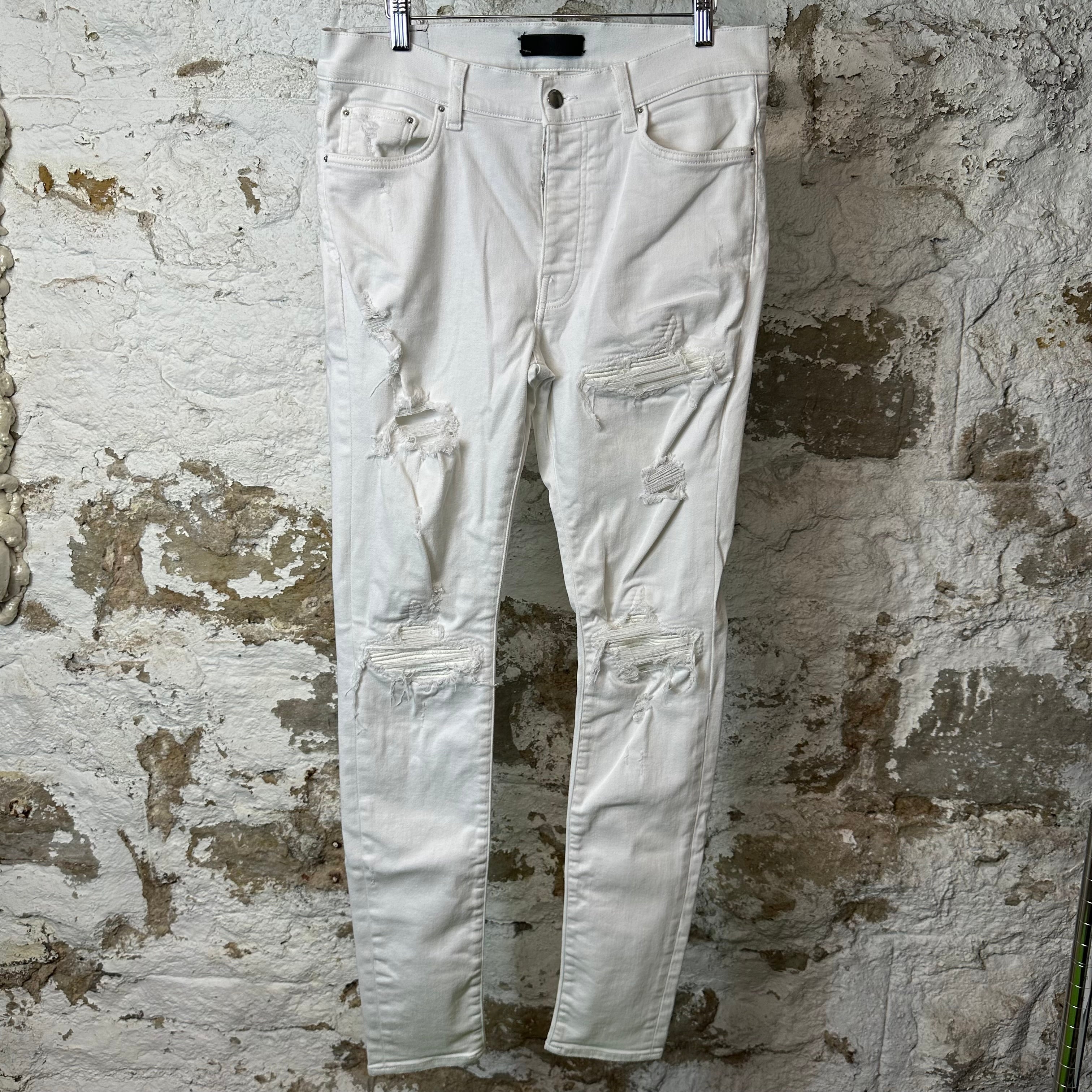 Amiri MX1 White Leather White Denim Jeans Sz 34