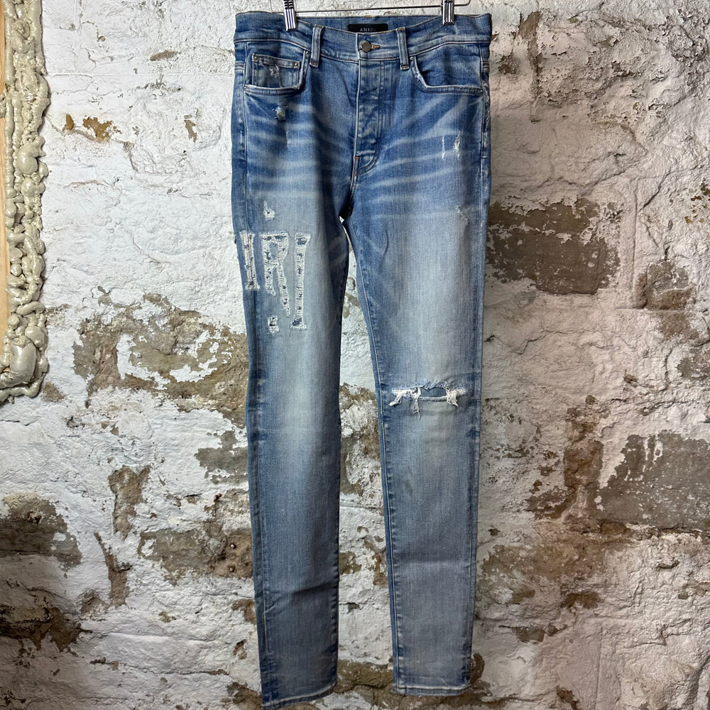 Amiri Distressed Side Spell Blue Denim Jeans Sz 31