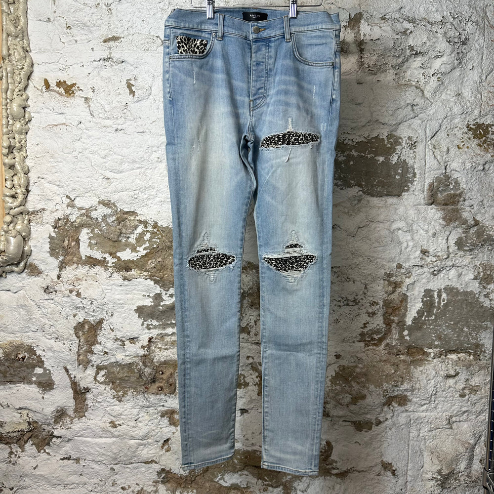 Amiri MX1 Leopard Print Blue Denim Jeans Sz 33