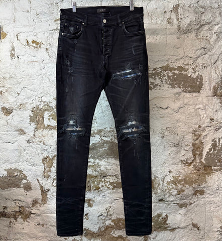 Amiri MX1 Blue Plaid Flannel Black Denim Jeans Sz 31