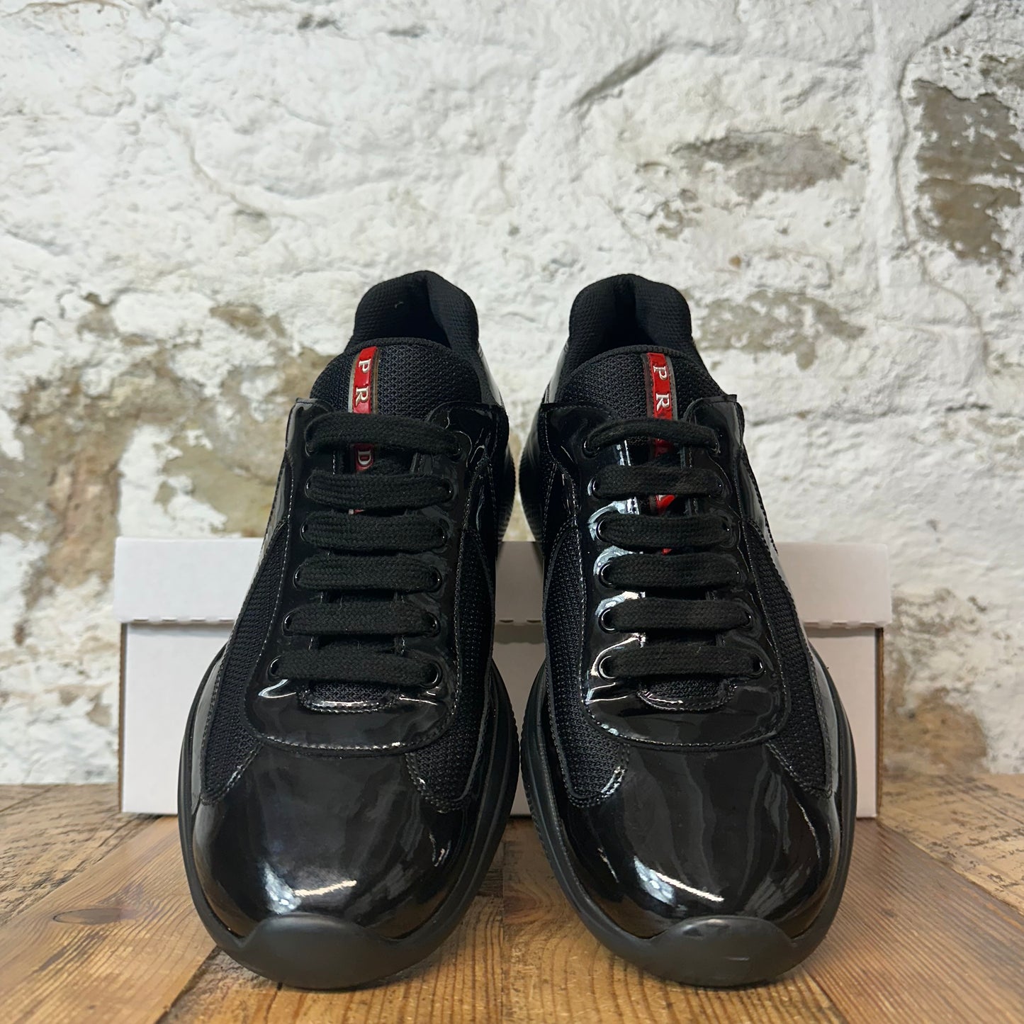 Prada Americas Cup Triple Black Patent Sneaker Sz 8