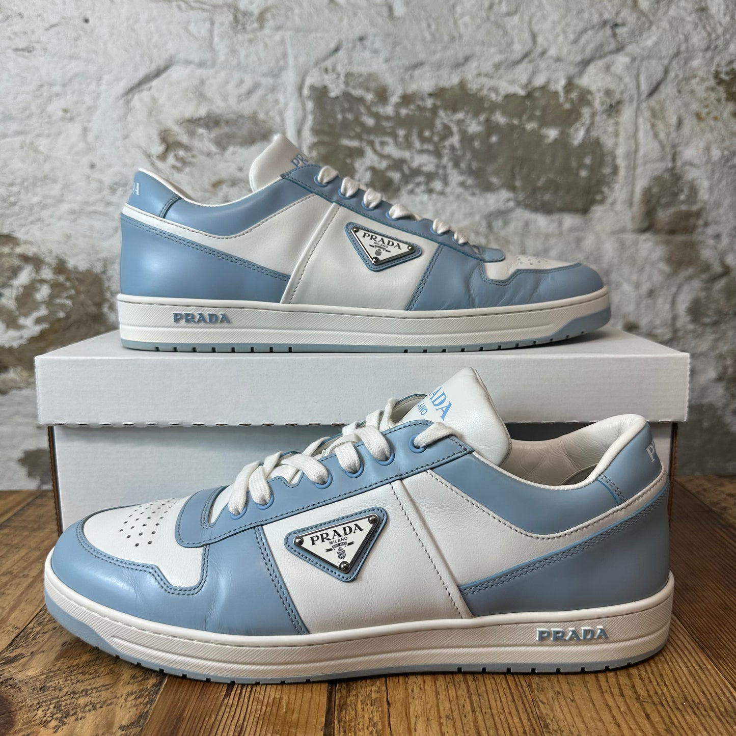 Prada Downtown Leather Blue White Sneaker Sz 10.5