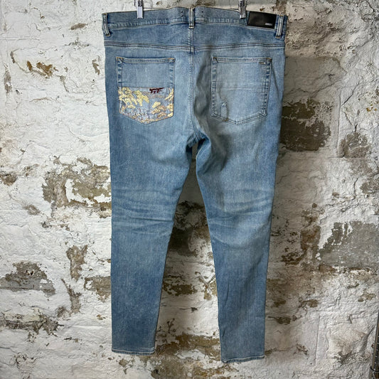 Amiri MX1 Maroon Gold Patch Blue Denim Jeans Sz 40