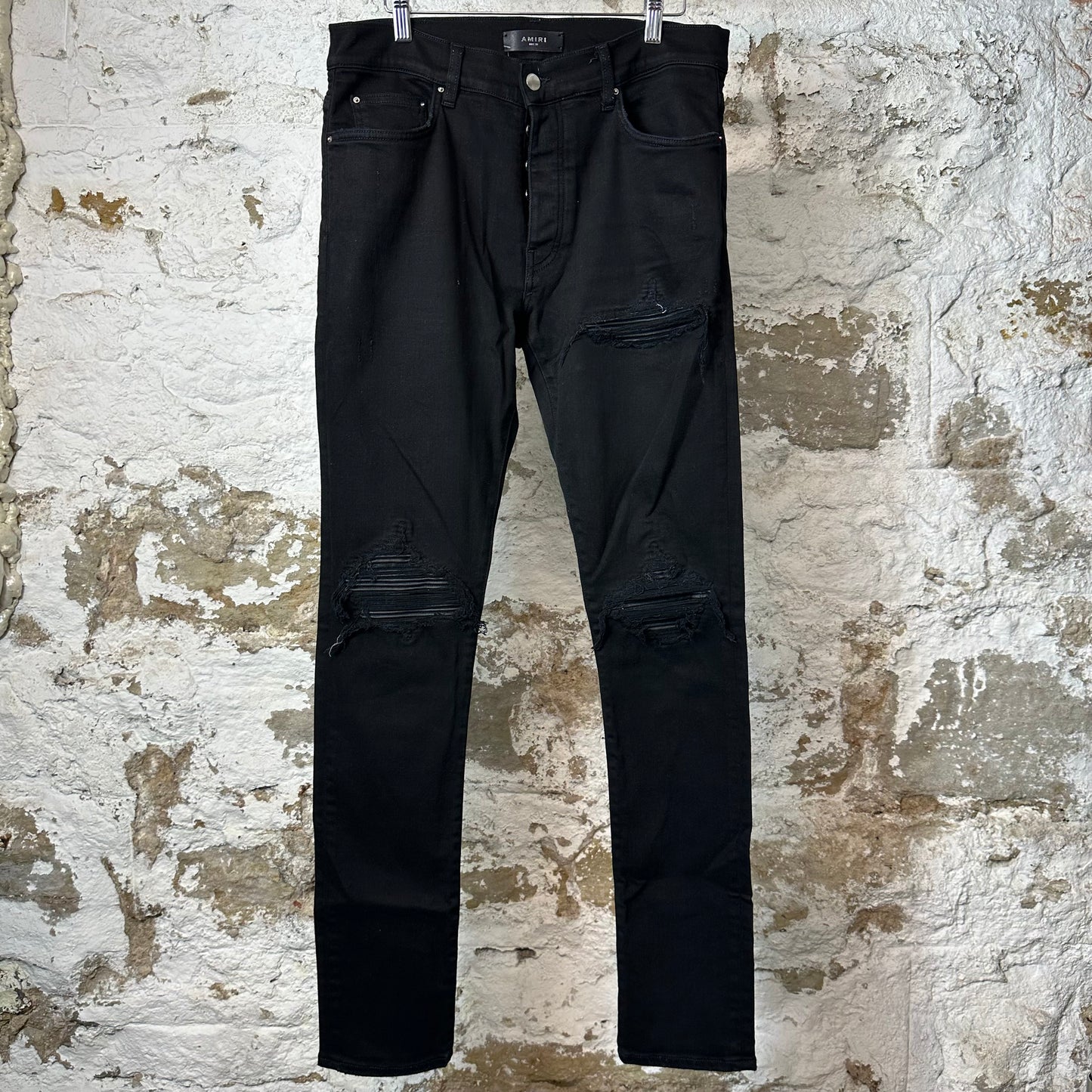 Amiri MX1 Black Leather Black Denim Jeans Sz 32