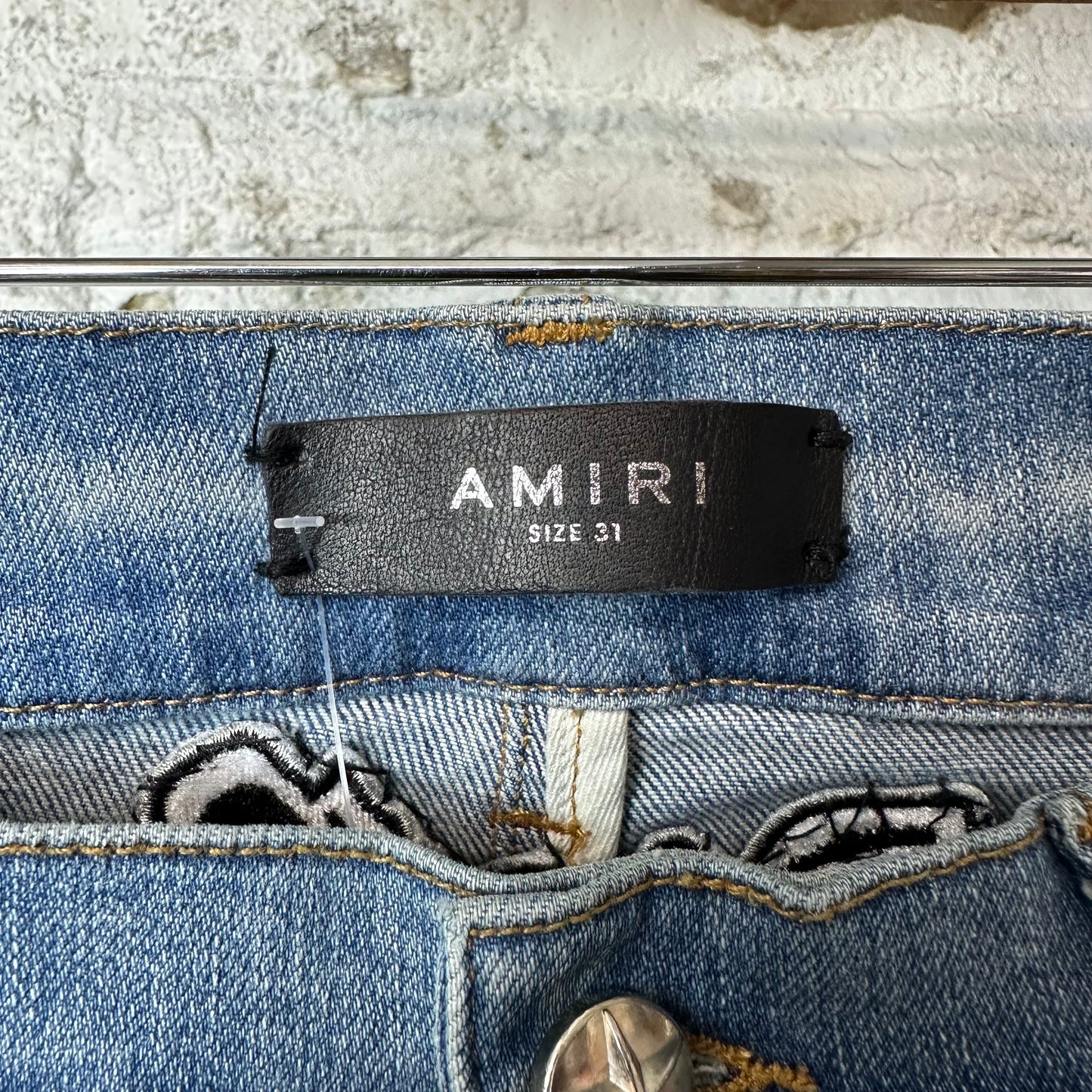 Amiri Black Leather Star Chemist Blue Denim Jeans Sz 31