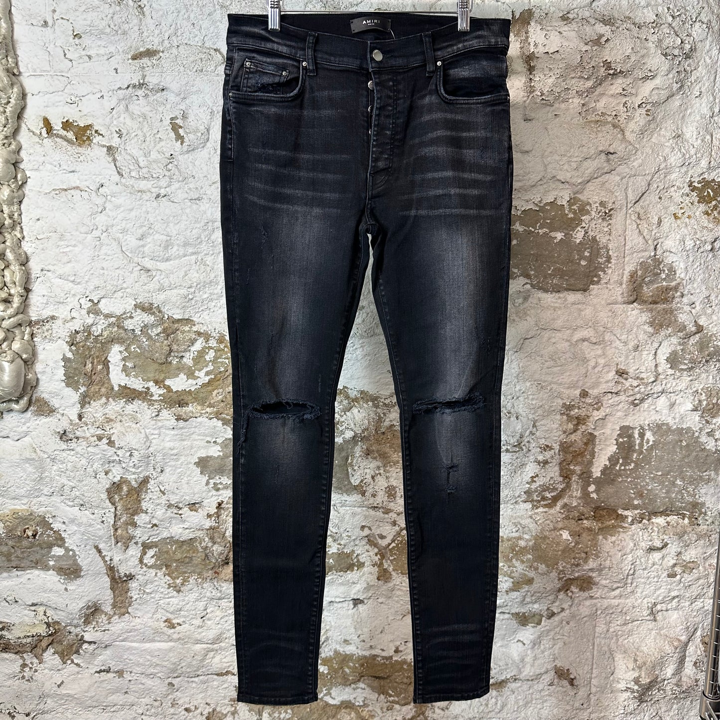Amiri Knee Rip Faded Black Denim Jeans Sz 34
