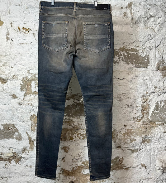 Amiri MX1 Black Leather Dirty Blue Denim Jeans Sz 38