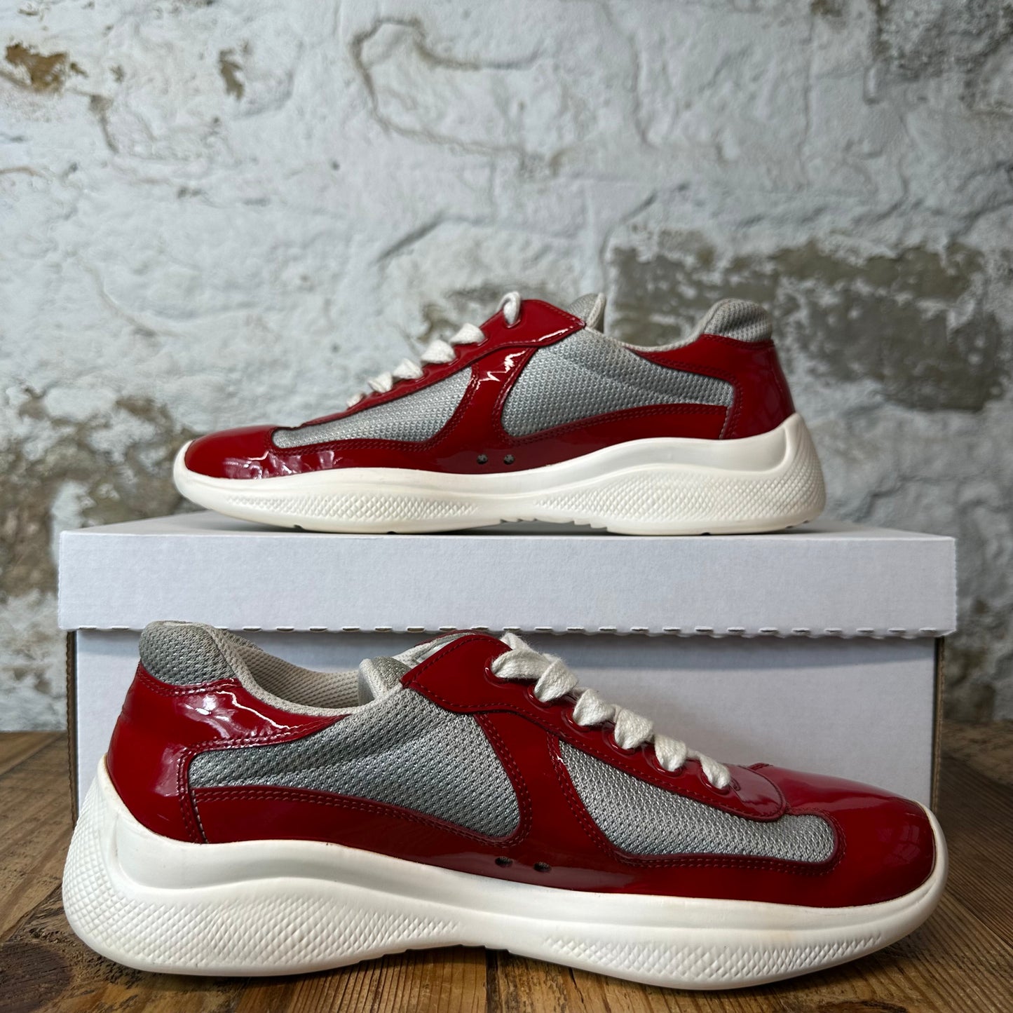 Prada Americas Cup Red Patent Grey White Sneaker Sz 6.5