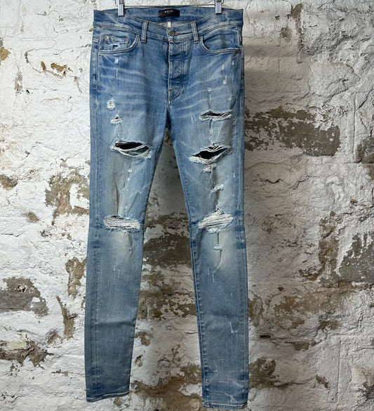 Amiri Plain Blue Distressed Denim Jeans Sz 32