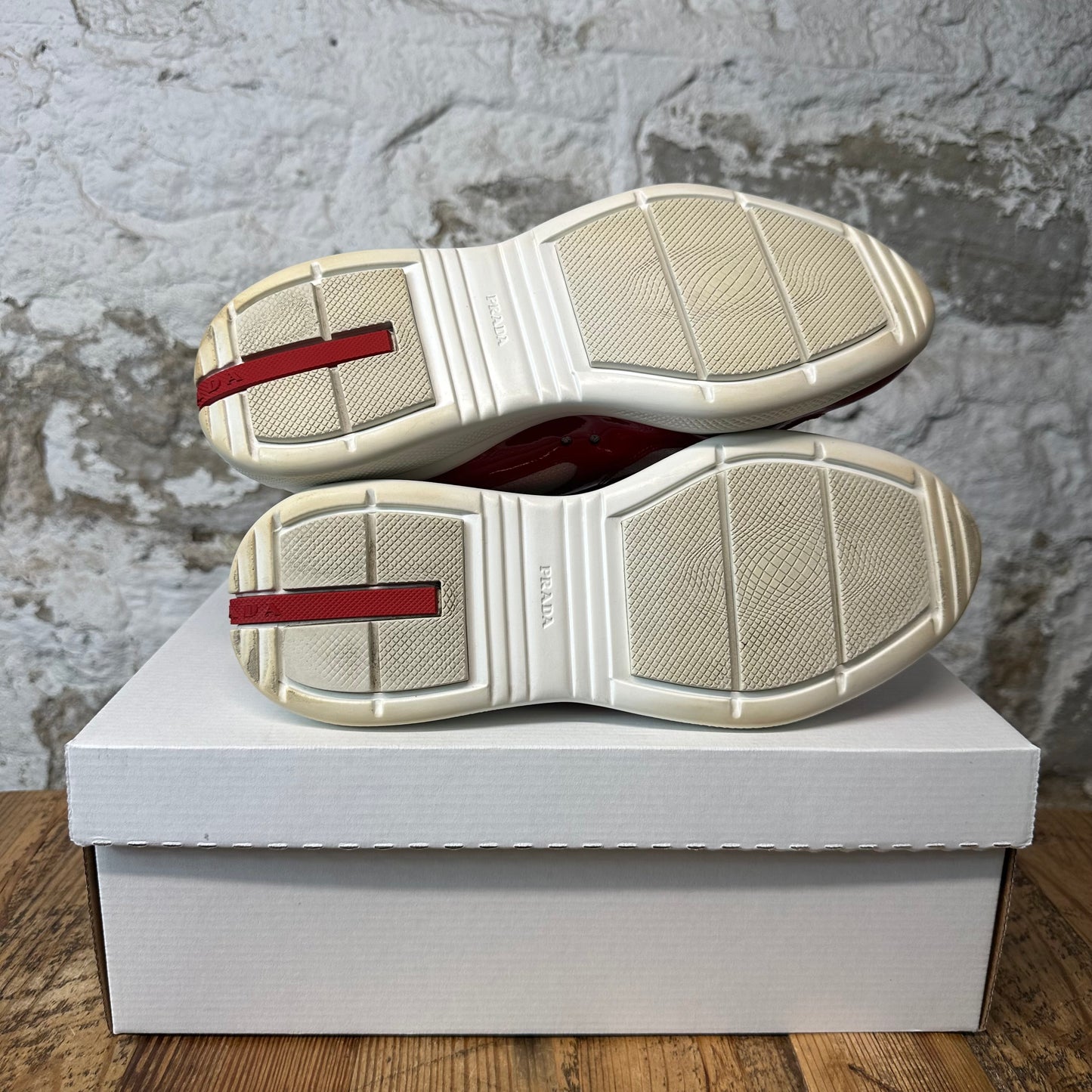 Prada Americas Cup Red Patent Grey White Sneaker Sz 7