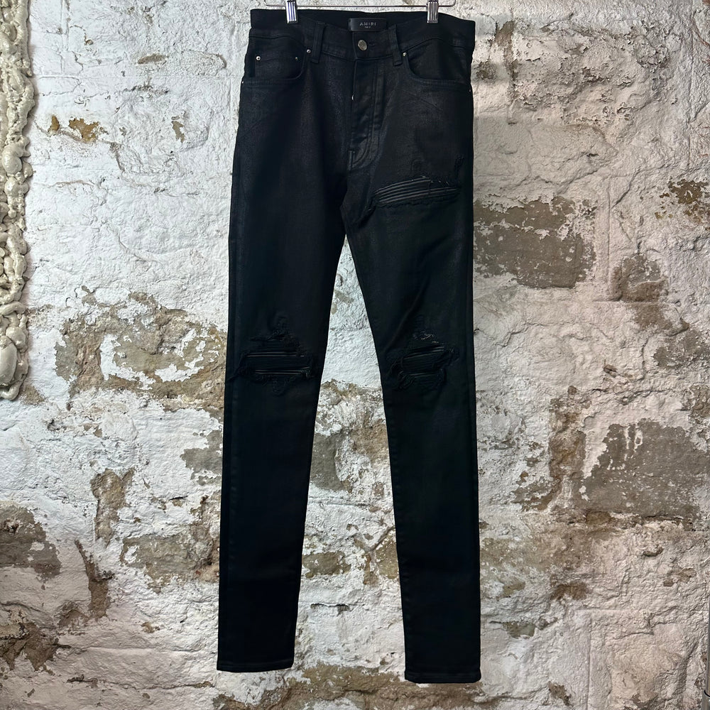 Amiri MX1 Black Leather Black Waxed Denim Jeans Sz 29