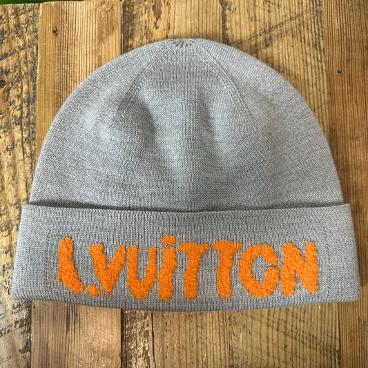 Louis Vuitton Orange Spellout Grey Wool Beanie
