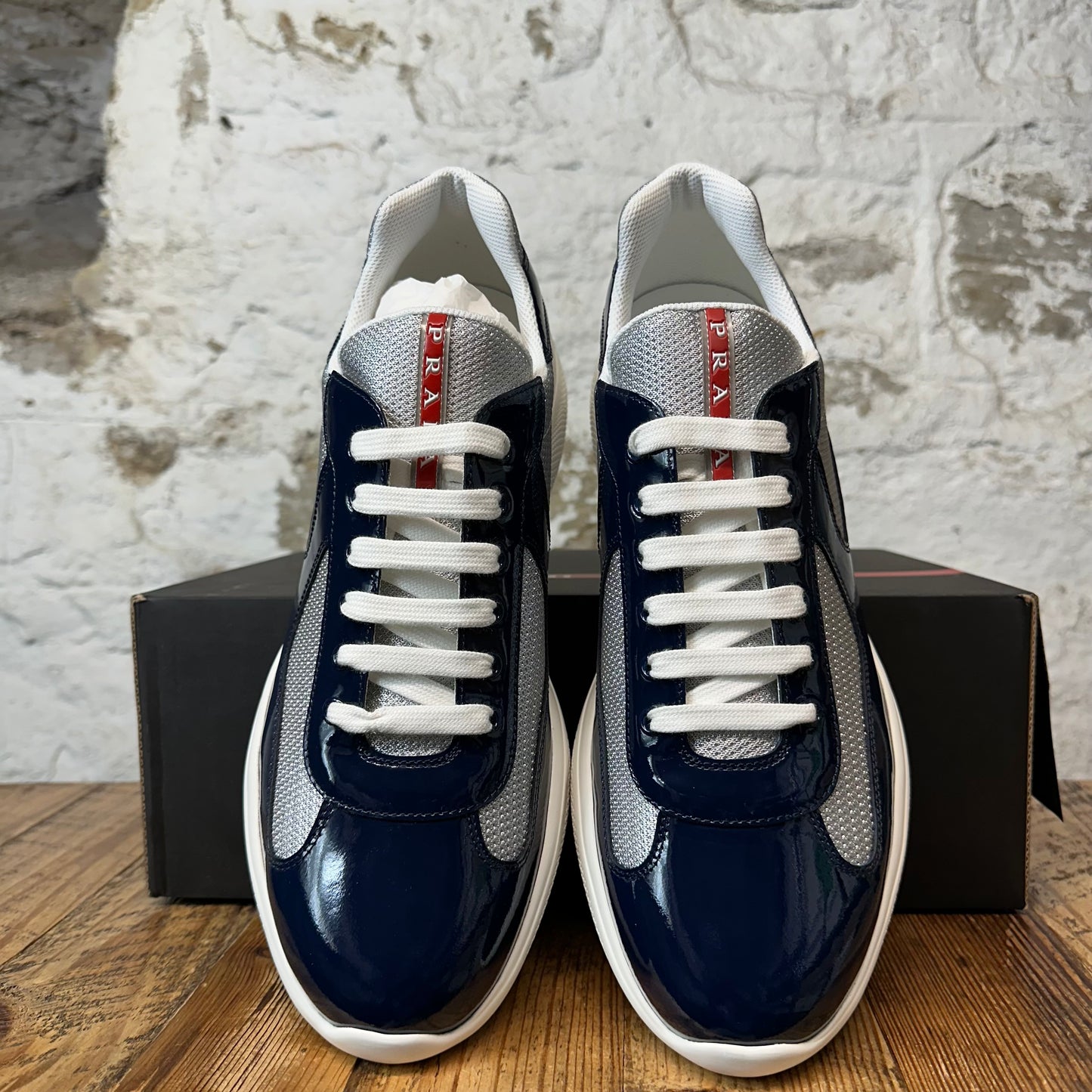 Prada Americas Cup Navy Blue Patent Grey Sneaker Sz 13 DS