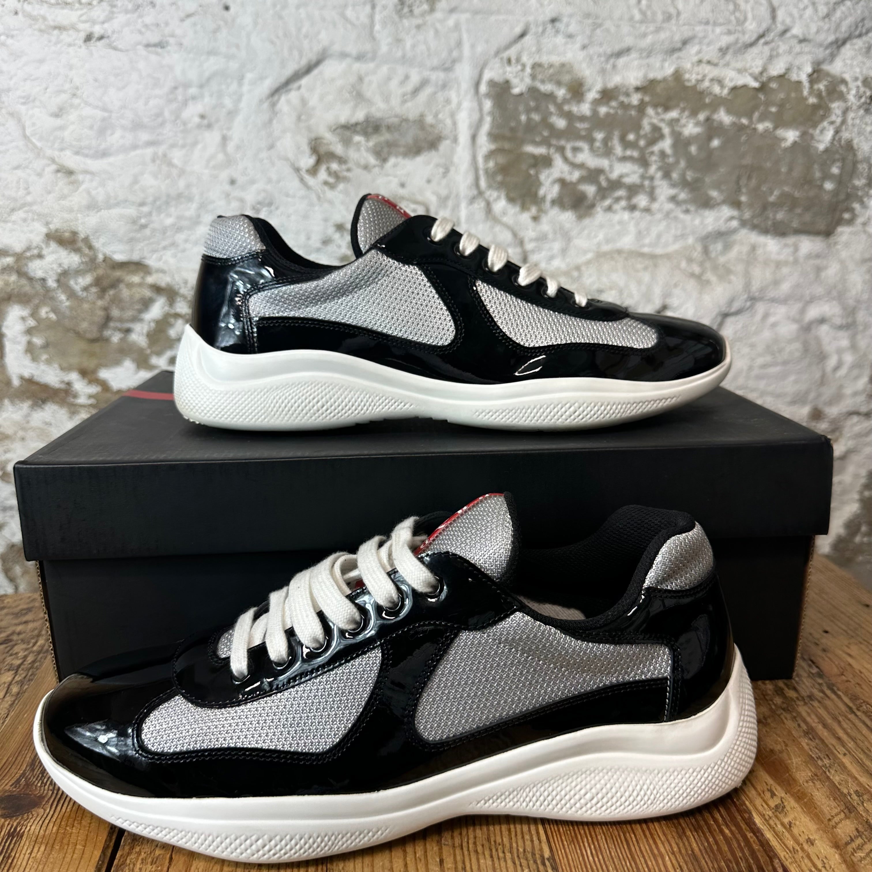 Prada Americas Cup Black Patent Grey White Sneaker Sz 9